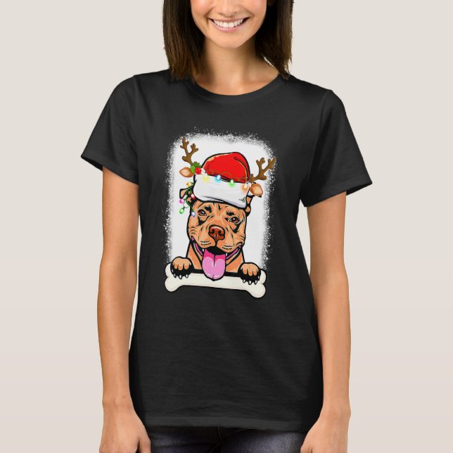 T-shirt Pitbull blanchi Père Noël éclaire le chien de Noël (Devant)