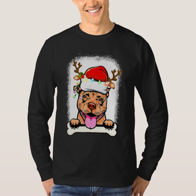 T-shirt Pitbull blanchi Père Noël éclaire le chien de Noël (Devant)