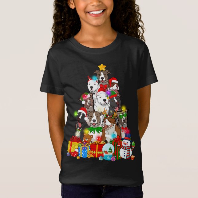 T-Shirt Pitbull Chien de Noël Lumières arbre de Noël Chien (Devant)