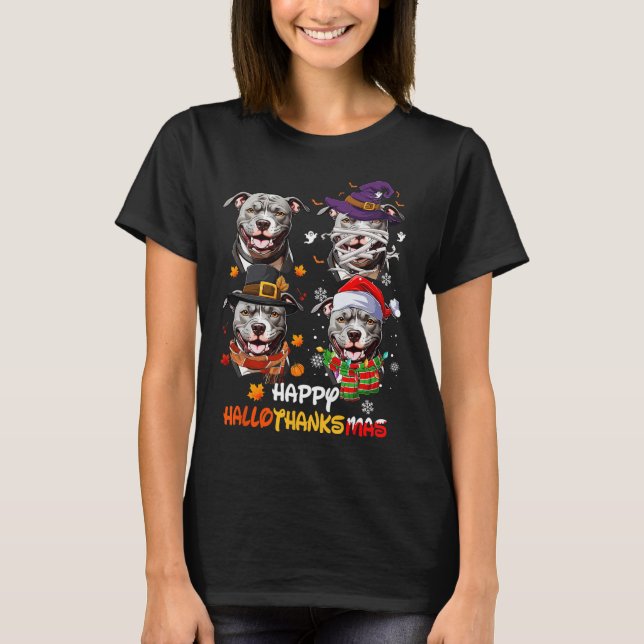 T-shirt Pitbull Chien Hallothanksmas Halloween Thanksgivin (Devant)