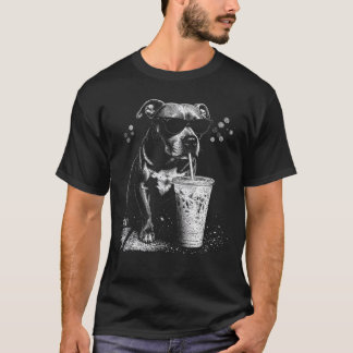 T-shirt Pitbull Cool Buvant un Café Glacé - Chien Rétro