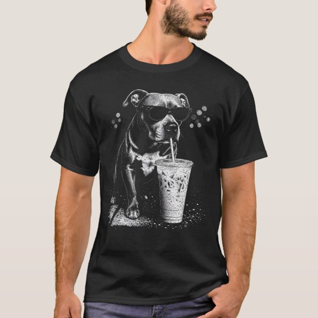 T-shirt Pitbull Cool Buvant un Café Glacé - Chien Rétro (Devant)