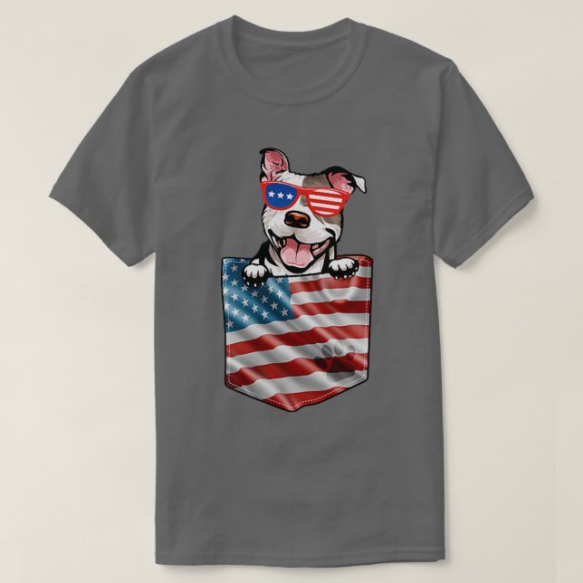 T-shirt Pitbull Dans Pocket Drapeau Américain Patriotique  (Design devant)