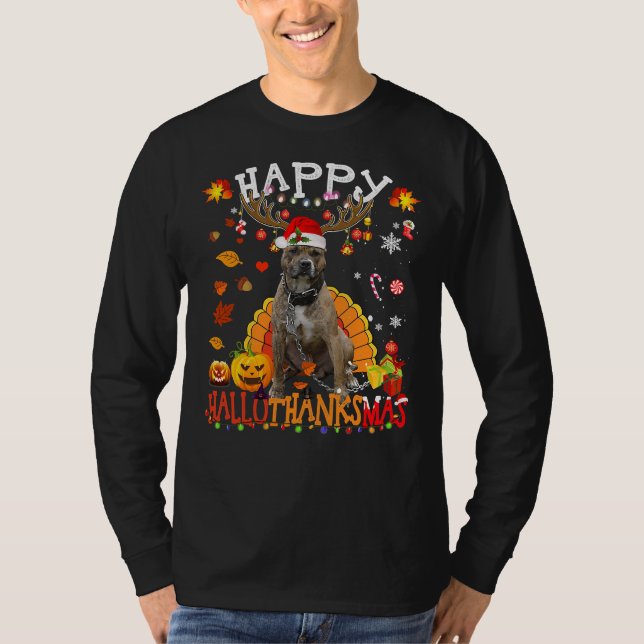 T-shirt Pitbull Dog Happy Hallothanksmas Halloween Thanksg (Devant)