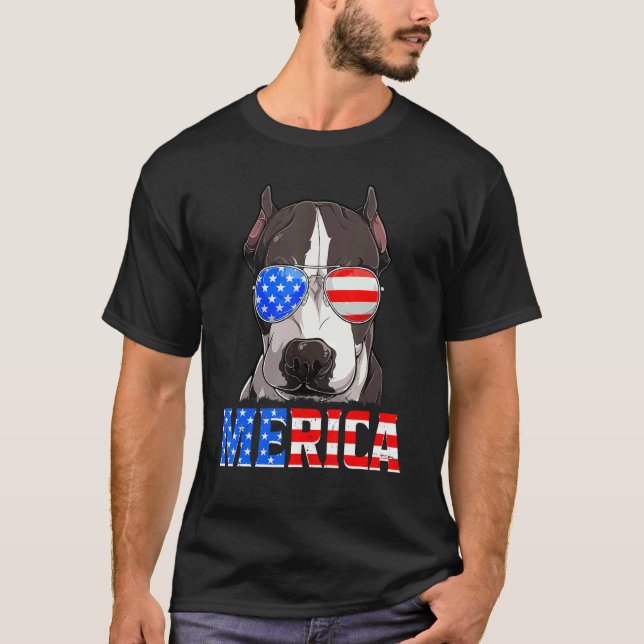 T-shirt Pitbull Drapeau Américain 4 Juillet Merica (Devant)
