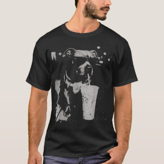 T-shirt Pitbull Drôle Buvant un Café Glacé Chien Rétro