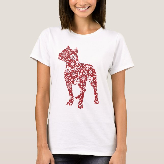 T-shirt Pitbull, flocons de neige rouges de Noël de Boho (Devant)