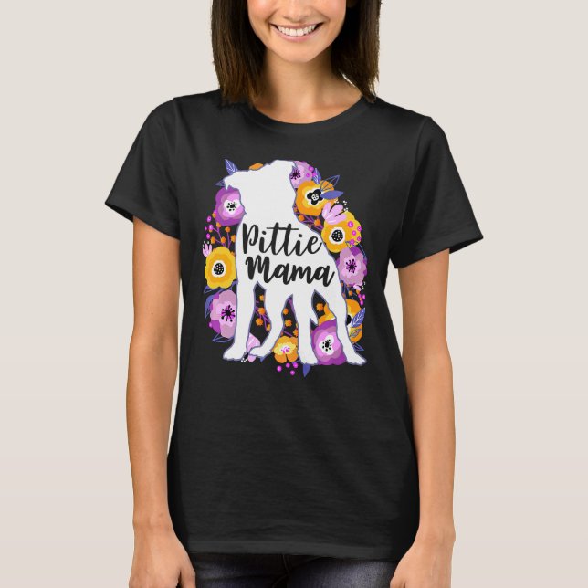 T-shirt Pitbull Mama Fleurs violettes Pittie Maman mignonn (Devant)