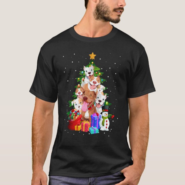 T-shirt Pitbull sapin de Noël éclaire le chien (Devant)