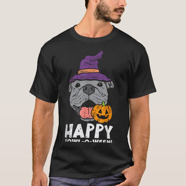 T-shirt Pitbull Sorcière Joyeux Hurlement O Ween Citrouill (Devant)