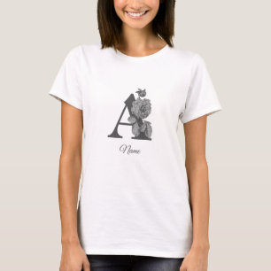 T-shirt Pivoine argentée Élégant monogramme initial A Nom