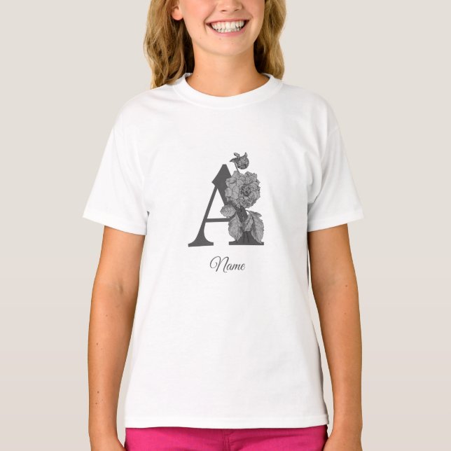 T-shirt Pivoine argentée Élégant monogramme initial A Nom  (Devant)