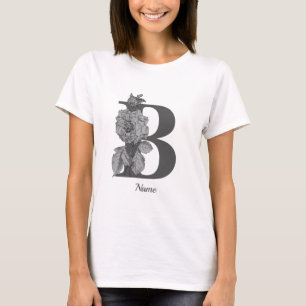 T-shirt Pivoine argentée Élégant monogramme initial B Nom