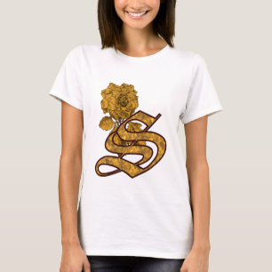 T-shirt Pivoine dorée Monogramme Élégant Initiale S