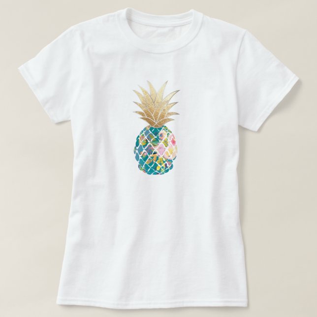 T-shirt PixDezines Hawaii, Aloha Ananas Turquoise/Or Faux (Design devant)