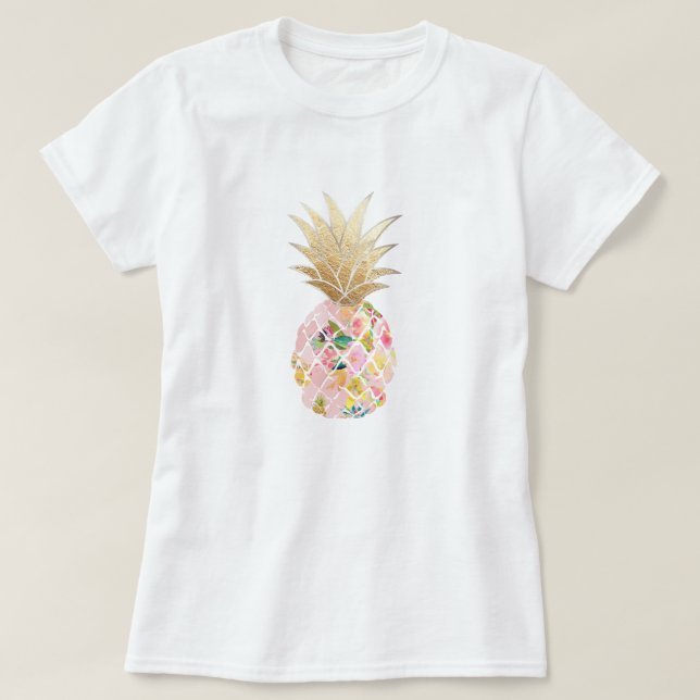T-shirt PixDezines Hawaii, Aloha Pink Pineapple/Faux Gold (Design devant)