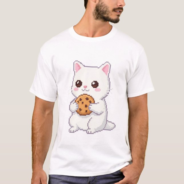 T-shirt Pixel Art Cute Chat avec Cookie - Adorable et sucr (Devant)