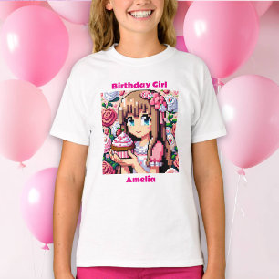 T-shirt Pixel Art Girl's rose Anniversaire fille personnal