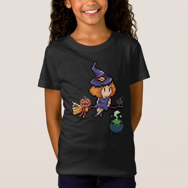T-Shirt Pixel Art Halloween sorcière sur Broomstick avec c (Devant)