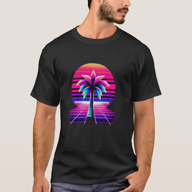 T-shirt Pixel Art Sunset & Palm Tree Retro 8 bits Vinta (Devant)