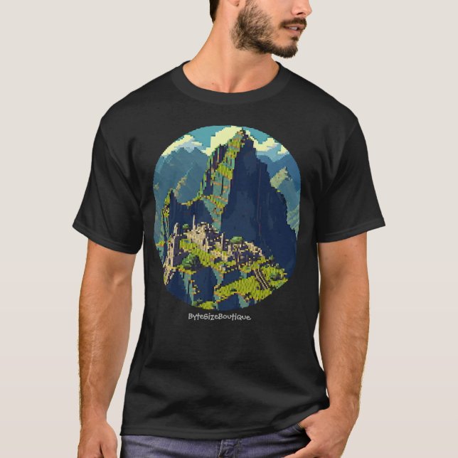 T-shirt Pixel Art, Vue Machu Picchu, Texte personnalisé, 8 (Devant)