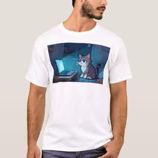 T-shirt Pixel Cat faisant défiler sur ordinateur portable 