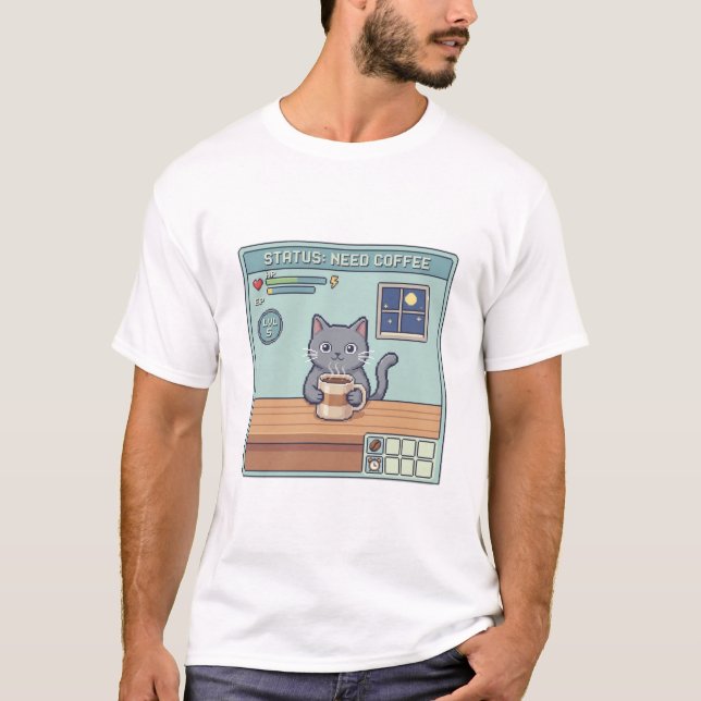 T-shirt Pixel Cat Need Coffee – Retro RPG Game Status (Devant)