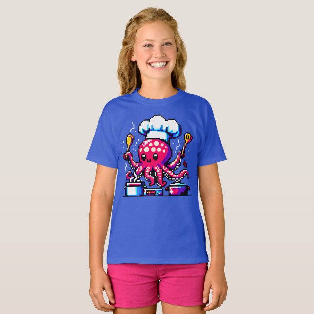 T-shirt Pixel Octopus Chef Drôle Cuisine & Fruits de mer D (Devant entier)