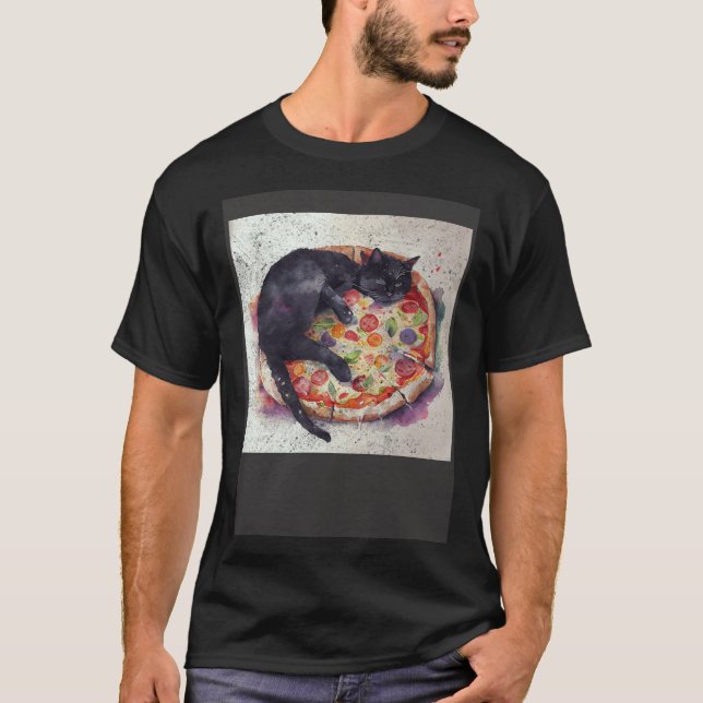 T-shirt Pizza du sommeil de chat noir (Devant)