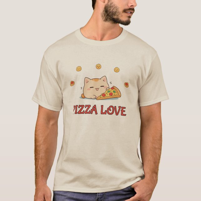 T-shirt Pizza Love - Kawaii Chat avec Pizza (Devant)