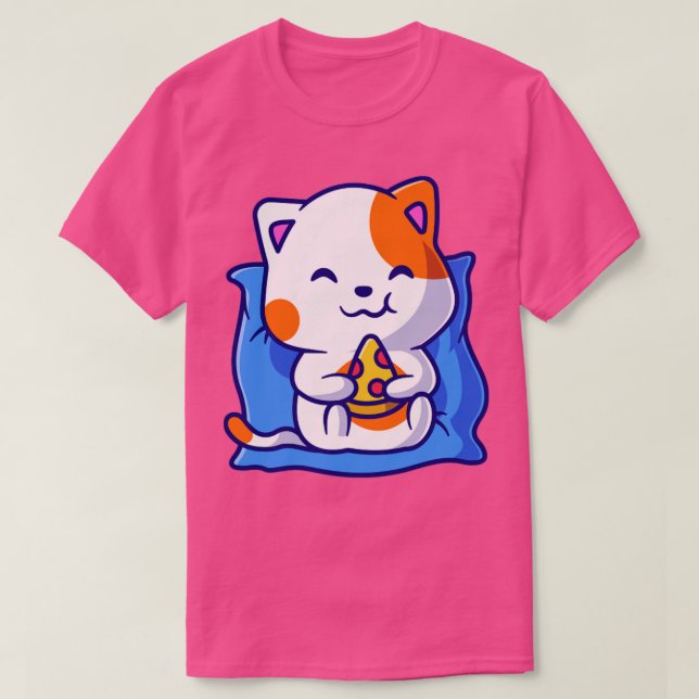 T-shirt Pizza mangeant des chats mignons sur un dessin Cou (Design devant)