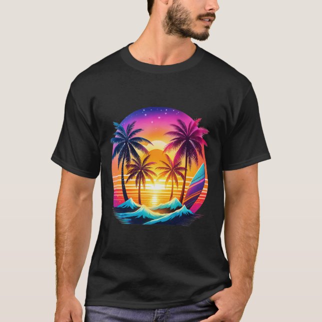 T-shirt Plage Avec Palmiers Et Planches De Surf, Style Pop (Devant)