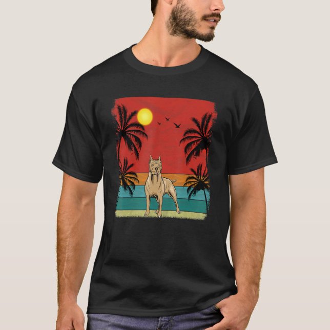 T-shirt Plage Cocotier Arbre Rétro Graphisme Pitbull Chien (Devant)