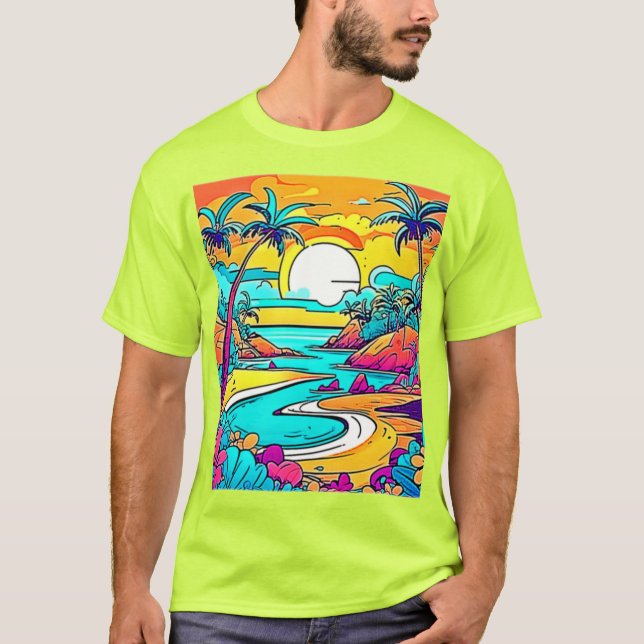 T-shirt Plage de coucher de soleil tropical vibrant (Devant)