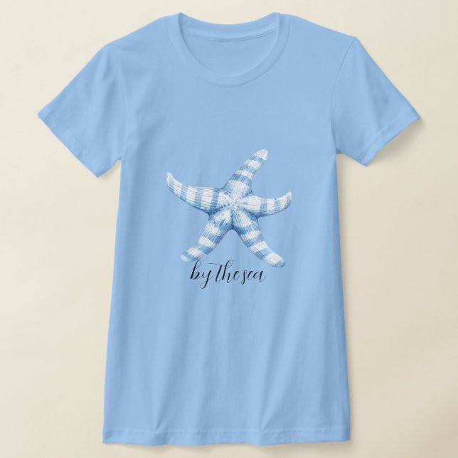 T-shirt Plage de l'étoile de mer bleue blanche   (Poser)