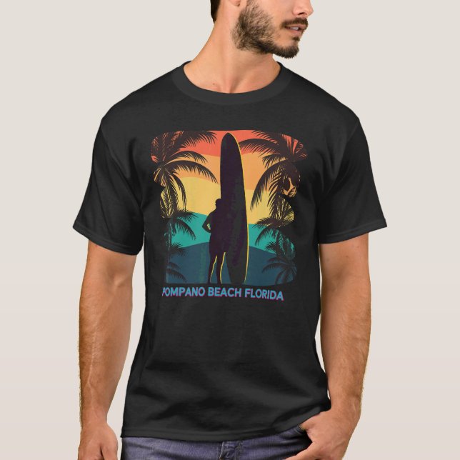 T-shirt Plage de Pompano Floride Palm Tree Surfer S (Devant)