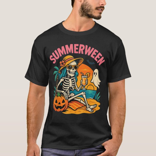 T-shirt Plage de squelette de Summerween ambiance tropical (Devant)