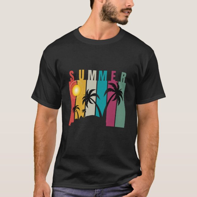 T-shirt Plage d'été de Sunset Palm Tree Surfing (Devant)