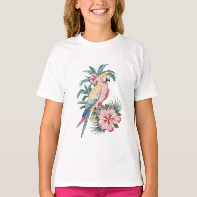 T-shirt Plage d'été tendance perroquet et fleurs d'Hibiscu (Devant)
