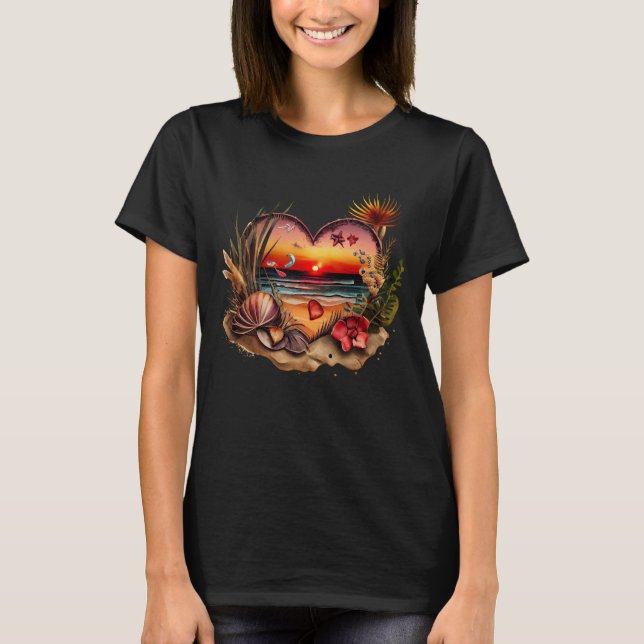 T-shirt Plage Lover Sunset Seashells Fleurs en forme de co (Devant)
