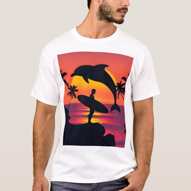 T-shirt Plage tropicale du surfeur du coucher de soleil et (Devant)