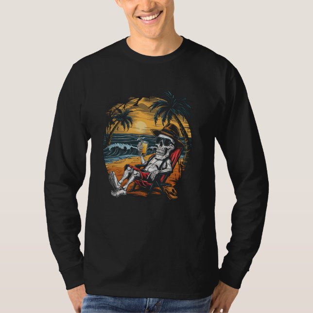 T-shirt Plage Vacances Squelette Coucher de soleil Palmier (Devant)
