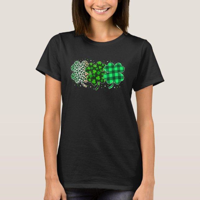 T-shirt Plaid 3 Lucky Shamrock Green Leopard Irish St Patr (Devant)