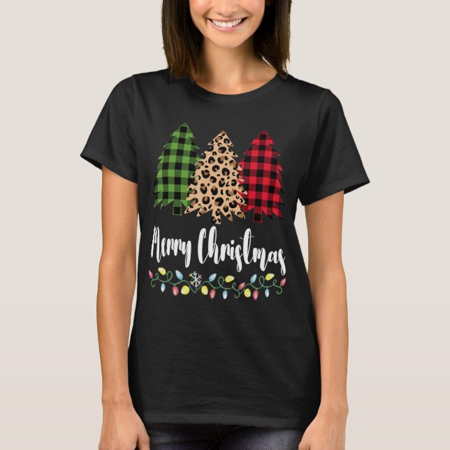 T-shirt Plaid Leopard Patterns Merry Christmas Tree for Mo (Devant)
