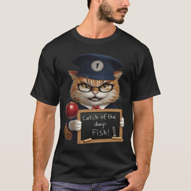 T-shirt Plan de jour de chat, Capter un poisson (Devant)