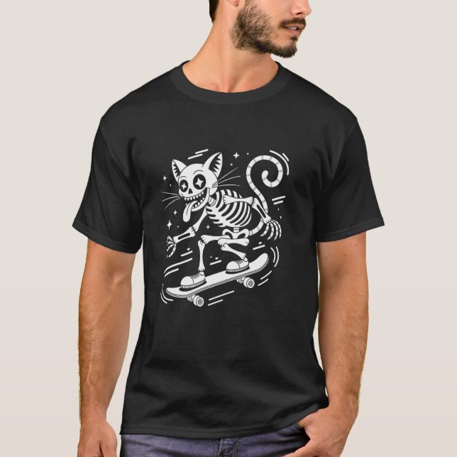 T-shirt Planche à roulettes squelette de chat effrayant Ha (Devant)