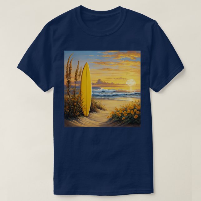 T-shirt Planche de surf jaune dans le sable à la plage TSh (Design devant)