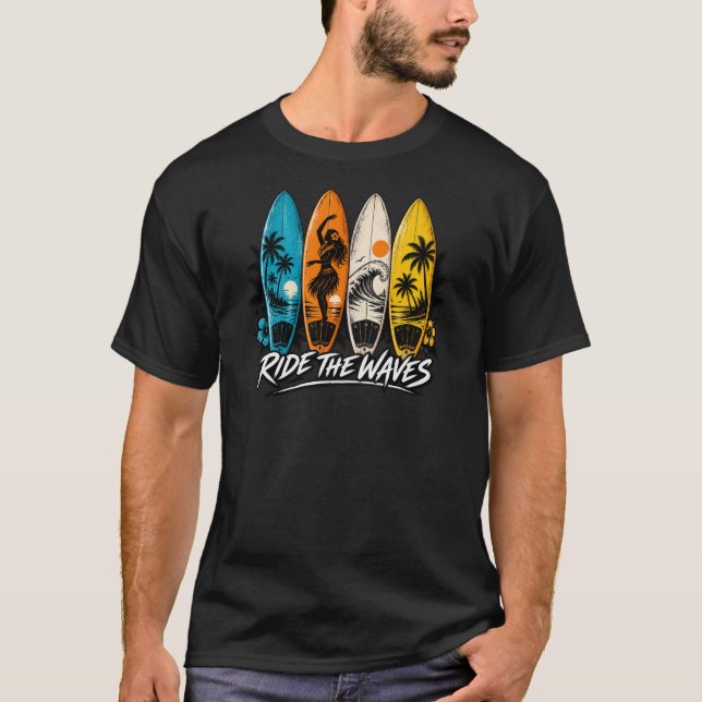 T-shirt Planches de surf rétro chevauchent les vagues Conc (Devant)