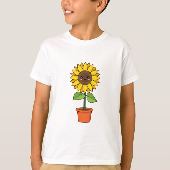 T-shirt Plante de tournesol Kawaii dans un pot (Devant)