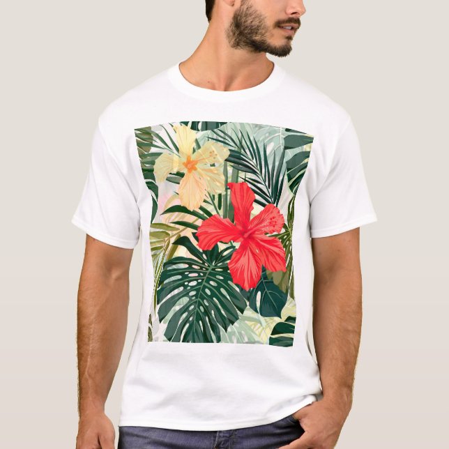 T-shirt Plantes tropicaux hawaïens, fleurs colorées. (Devant)